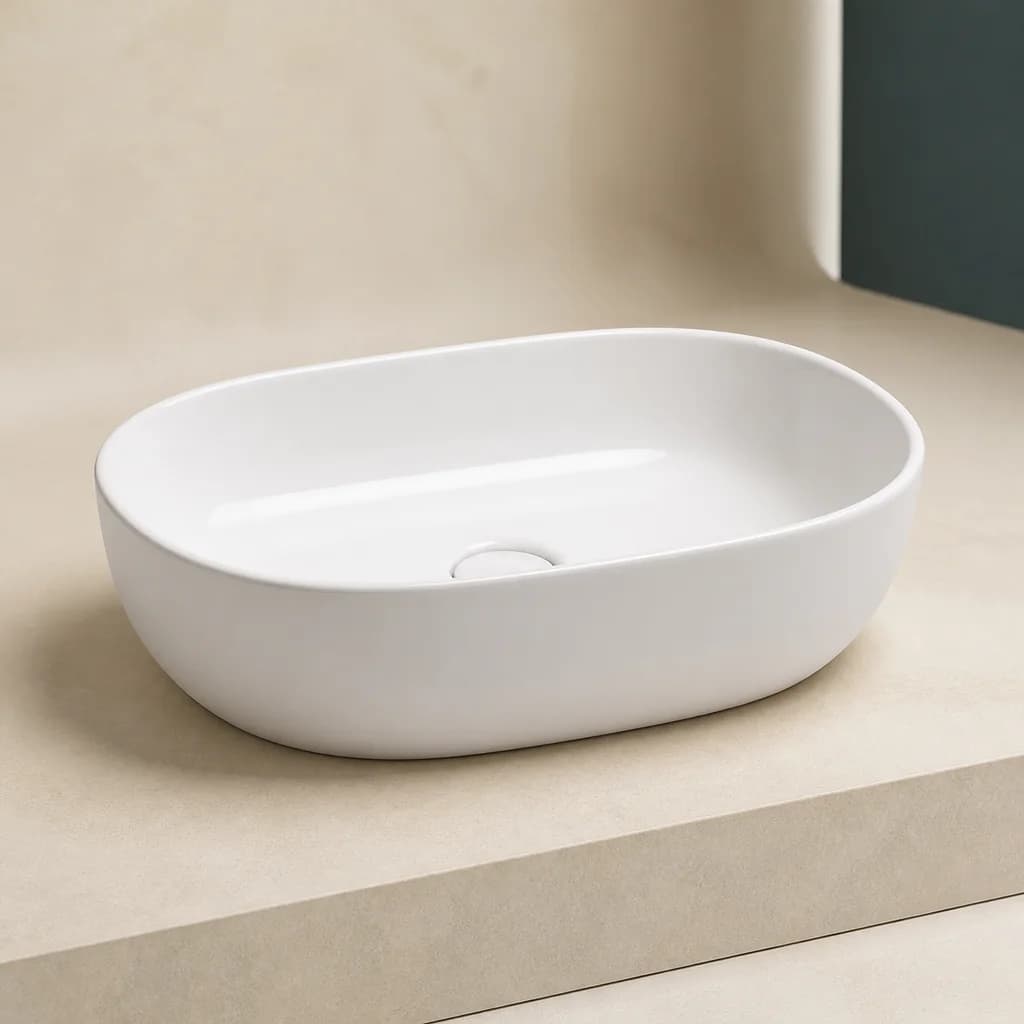 Representative studio image of an oval countertop basin